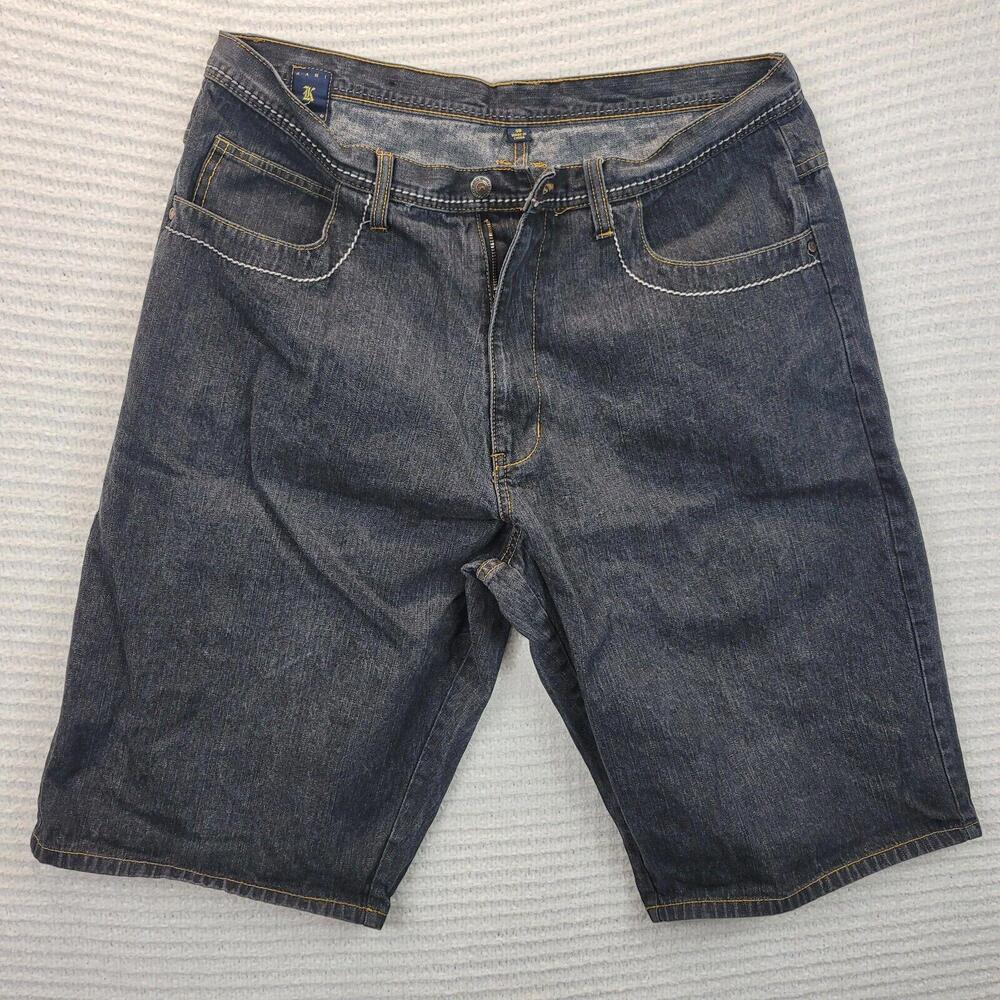 Kani Gold Mens Size 38 Black Denim Jean Shorts Baggy Fit 90s Hip Hop Felt Logo
